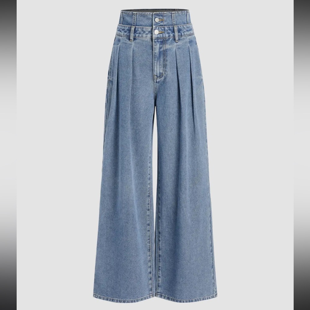 Cider Light Blue Wide Leg Pleated Jeans